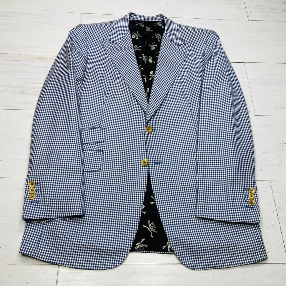 Royal Classic Holland & Sherry Blazer Mens Blue Gingham Skull Lining Sport Coat